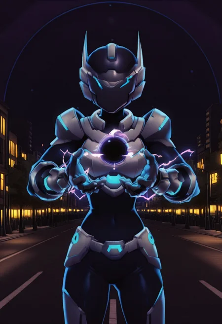 masterpiece, best quality,    zzCodeV, 1girl, bodysuit, neon trim, armor, black bodysuit, dynamic pose, helmet, covered face, standing on a busy street, city lights, undercover assassin, cool and composed, 
charging energy, energy ball, black hole, electricity,