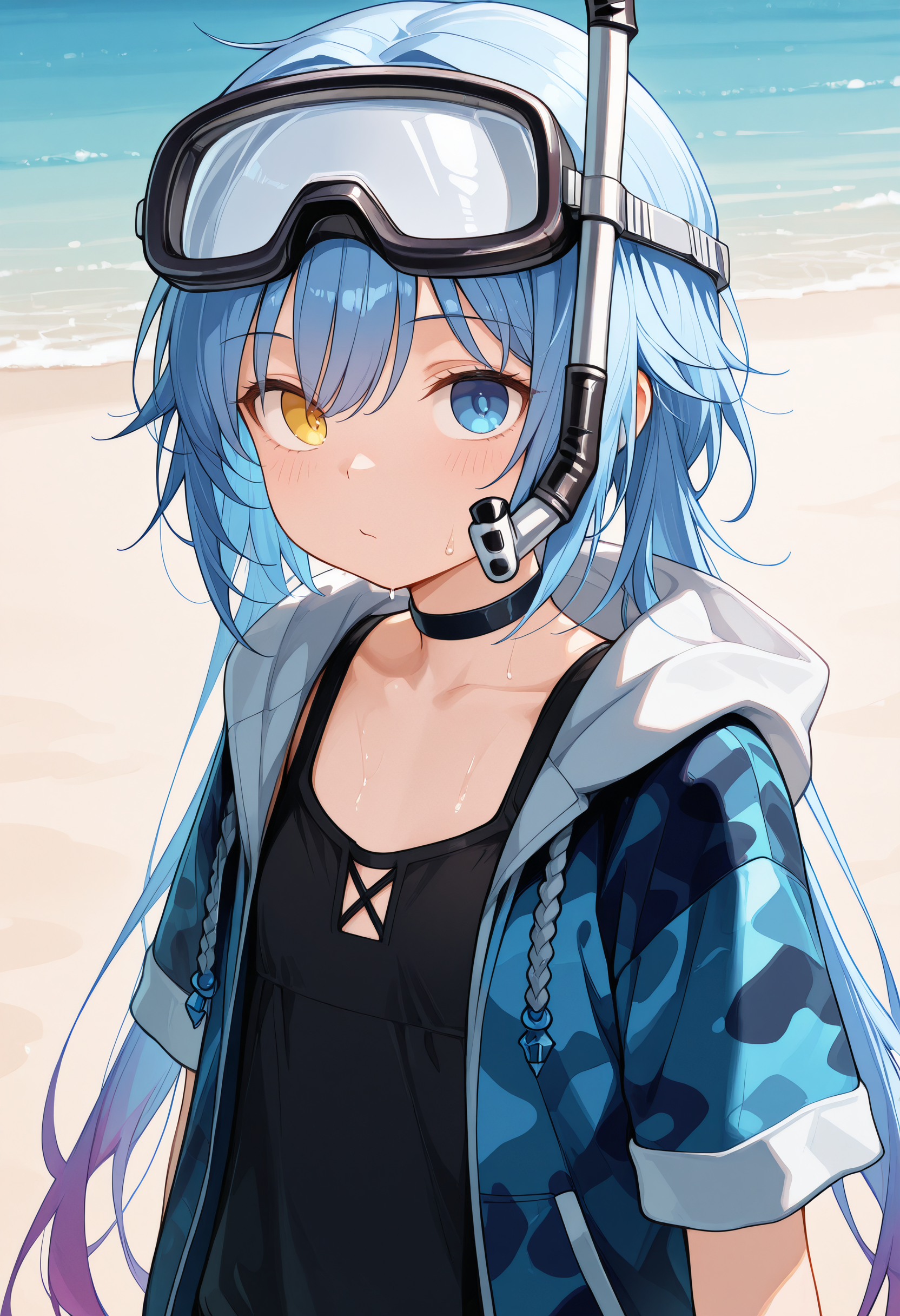 masterpiece, best quality, amazing quality,  <lora:illuSPP-1e21:1> 1girl, solo, SPP-1GFL, long hair, blue hair, low twintails, gradient hair, blue eyes, heterochromia, yellow eye, snorkel, diving mask on head, black choker, blue hooded jacket, camouflaged jacket, black tank top, loose tank top, short sleeves, upper body,