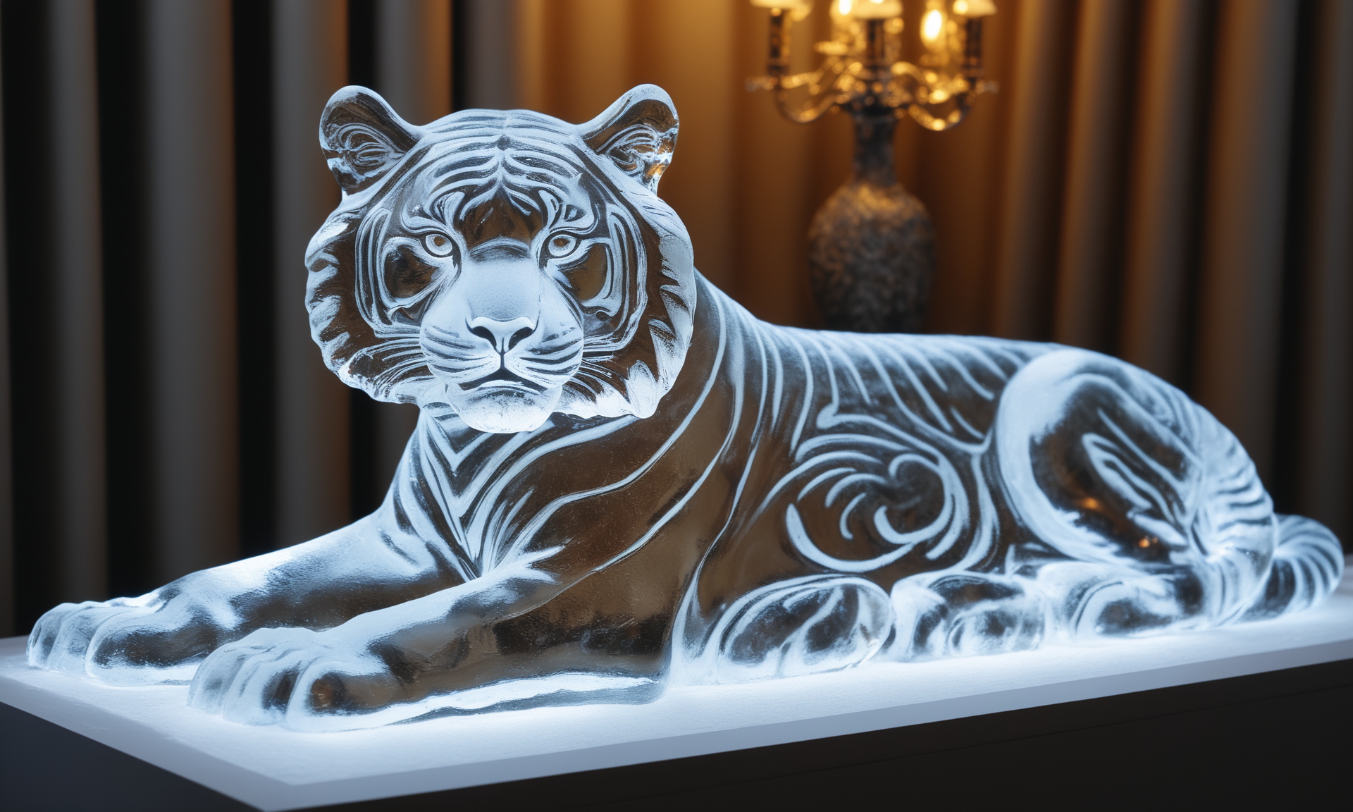 <lora:icecarvingcd_xl-000013:0.8>,close-up,a tiger sculpture made of (icecarvingcd_xl,transparent:1.2,see-through:1.2,air bubble,cracked:1.3,broken:1.3,melting ice:1.3) on table,chilled,indoors,living room,simple background,no humans,fine art,detailed,hi-res photo, emotional,harmonious,high budget,moody,epic,gorgeous,perfect lighting,realistic,photorealistic,photographic,photo (medium),real,moody lighting,volumetric lighting,reality ray tracing,8K,HDR,UHD,masterpiece,best quality,highly detailed,high resolution,finely detail,extremely detailed,ultra detailed,wallpaper