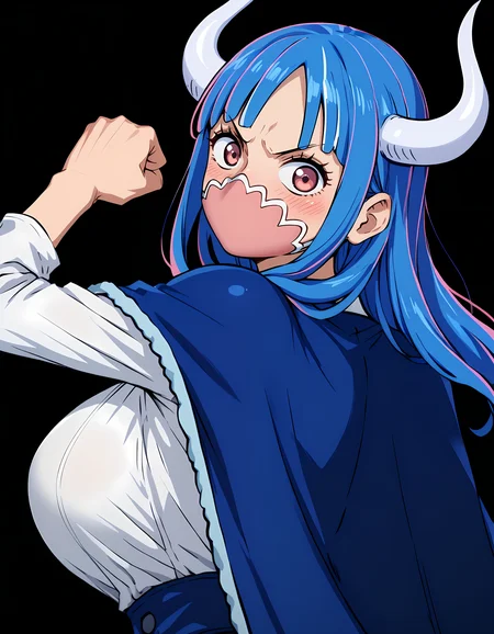 <lora:Ulti-000010:1>ult1, 1girl, blue cape, looking at viewer, white shirt, large breasts, face mask, simple black background, blush, clenched hand, upper body, from behind looking back