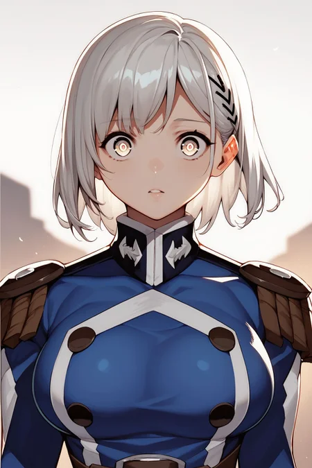 score_9, score_8_up, score_7_up, 1girl, wide-eyed, white hair, asymmetrical_bangs, multi-tied_hair, bronze eyes, large breasts, uniform, outdoors, frontlighting <lora:Takemura_Youhei_PonyXL_style_v01:1>