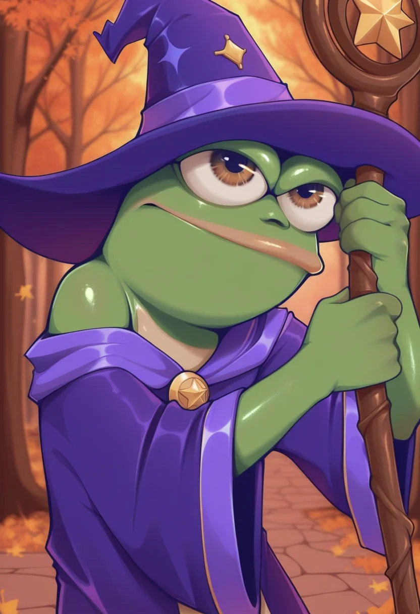 tozierstyle, masterpiece, best quality, solo, pepe the frog, autumn tree background, battle pose, (detailed body), big eyes, shiny skin, green skin, wizard hat, wizard outfit, holding magical wizard staff,