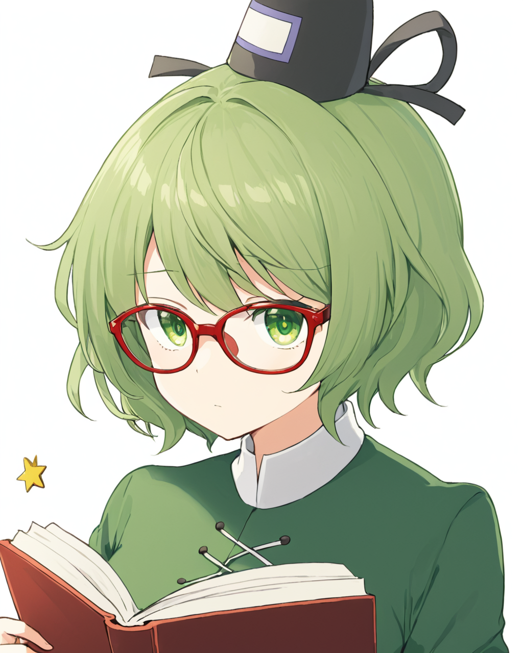 soga no tojiko,1girl, solo, tate_eboshi, bespectacled, white_background, book, upper_body, simple_background, red-framed_eyewear, green_dress, reading, long_sleeves
<lora:soga_no_tojiko_image2295_2023-12-20-000010:1>,star-shaped_pupils,symbol-shaped_pupils,. gorgeous,key visual, vibrant, studio anime,award-winning, professional, highly detailed,high budget, cinemascope