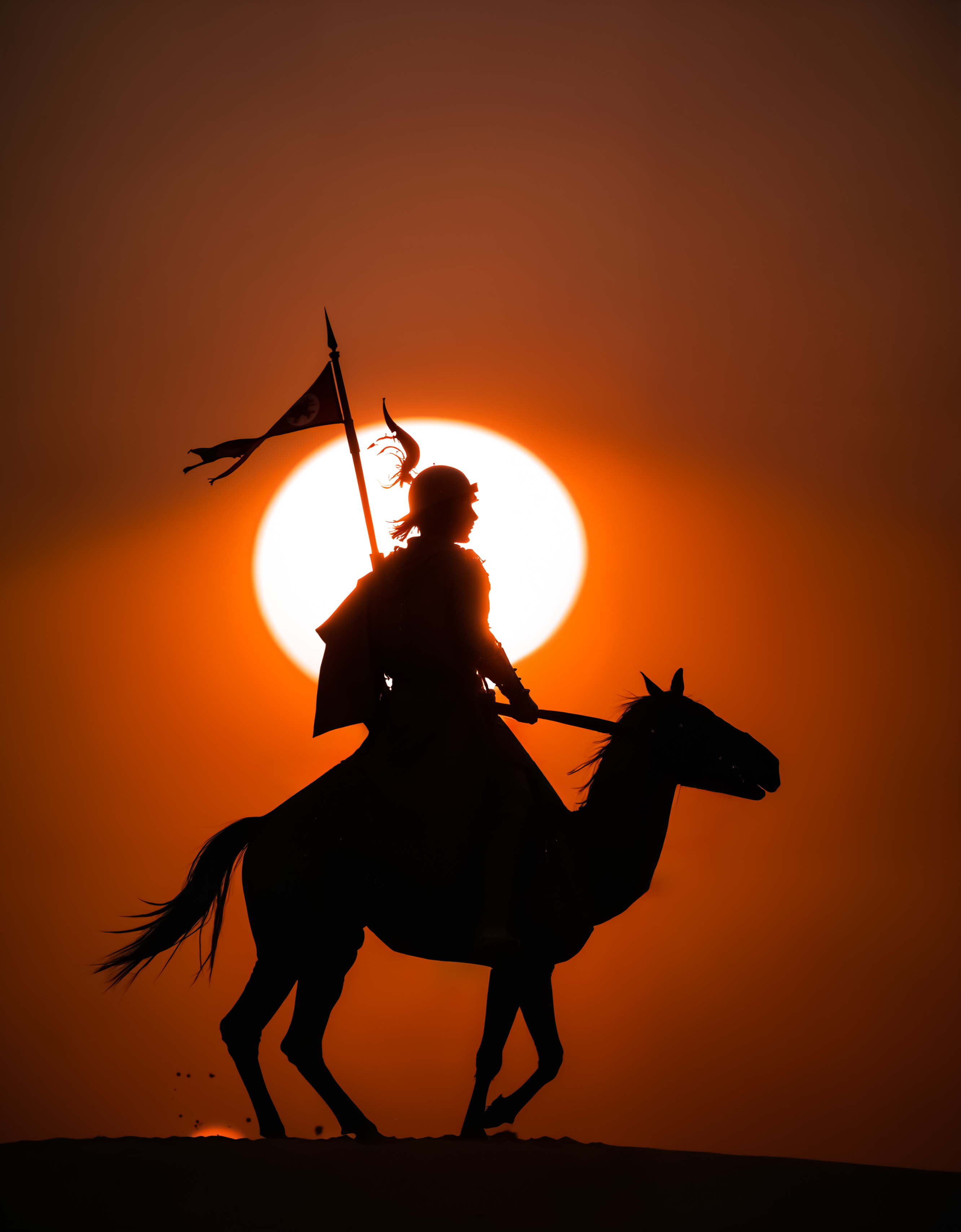 zavy-slhtt, silhouette of a cataphract on dune in desert in front of rising sun at dawn, heavy cavalry, 100mm f/2.8 macro lens,