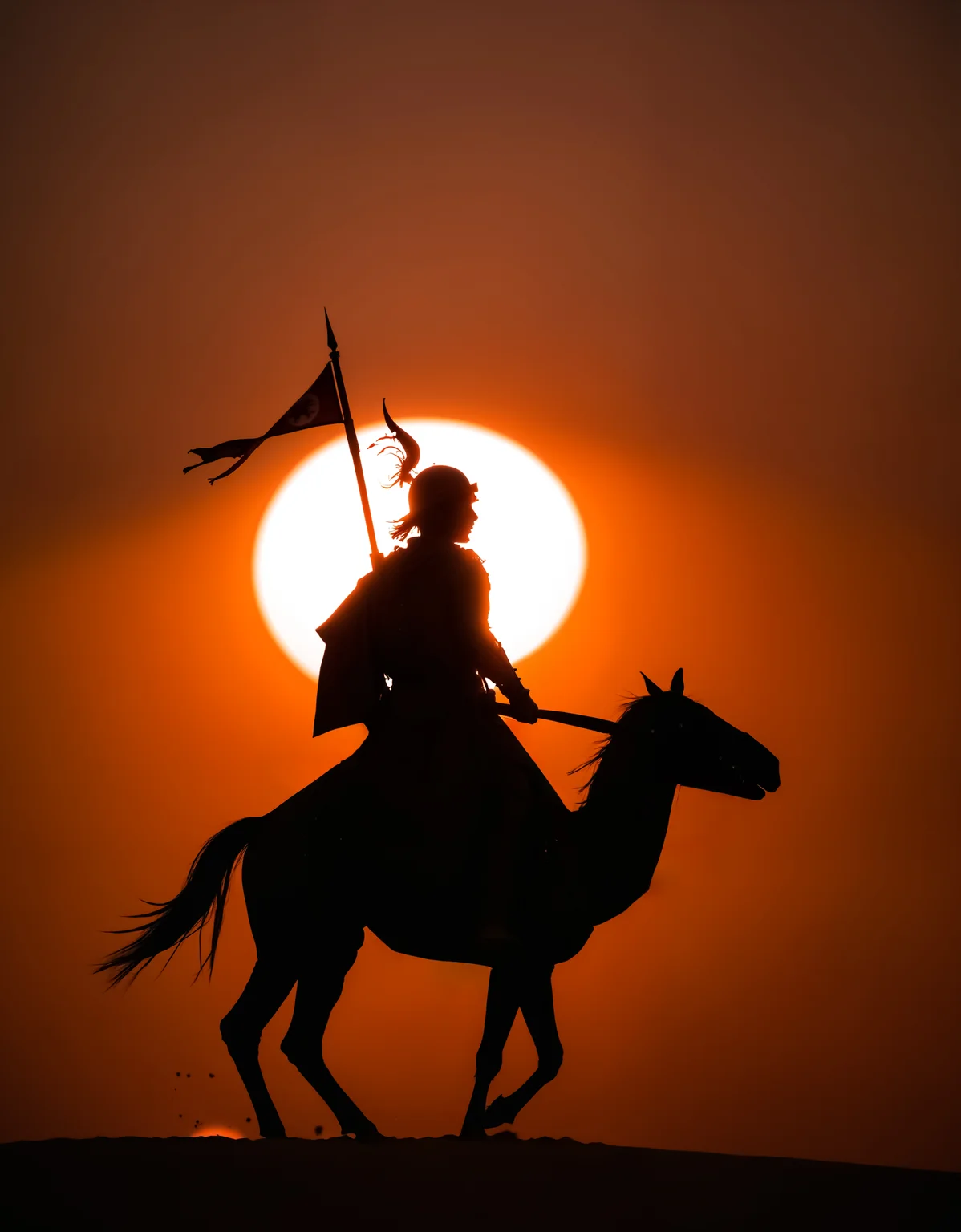 zavy-slhtt, silhouette of a cataphract on dune in desert in front of rising sun at dawn, heavy cavalry, 100mm f/2.8 macro lens,