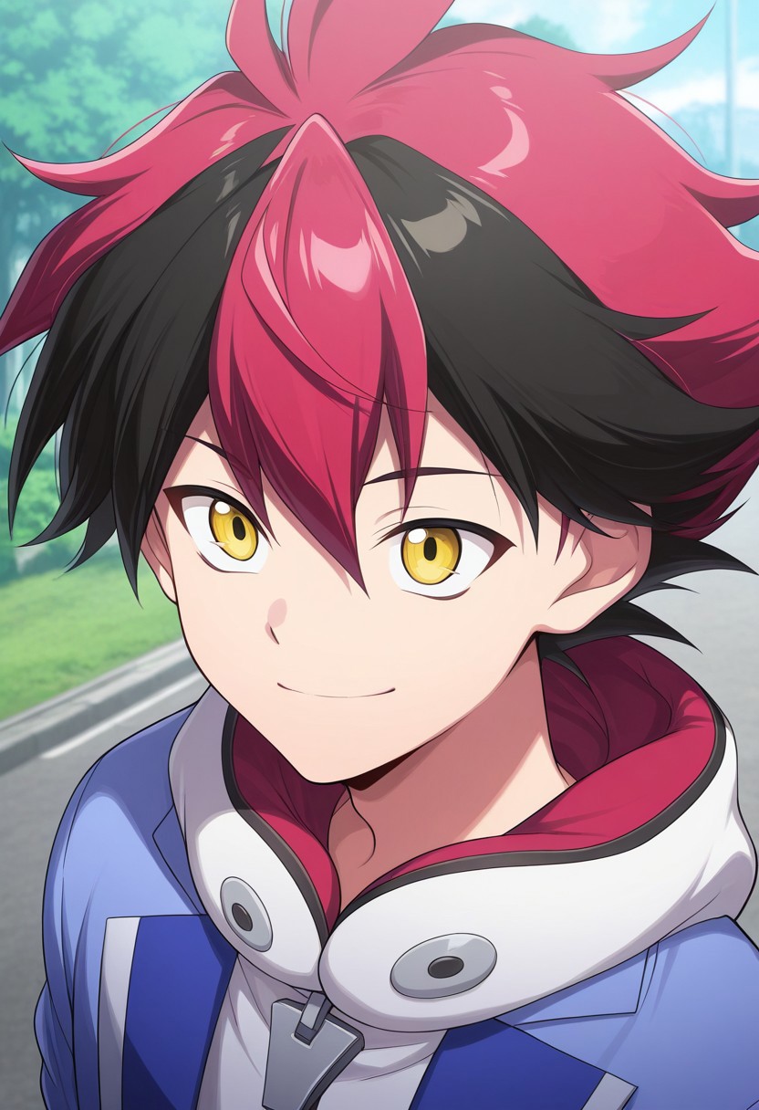 masterpiece,best quality,amazing quality, source_anime,
hiroryuga, 1boy, male focus, solo, yellow eyes, multicolored hair, red hair, black hair, hoodie, white hoodie, hood, jacket, blue jacket, open jacket, smile, outdoor, portrait,