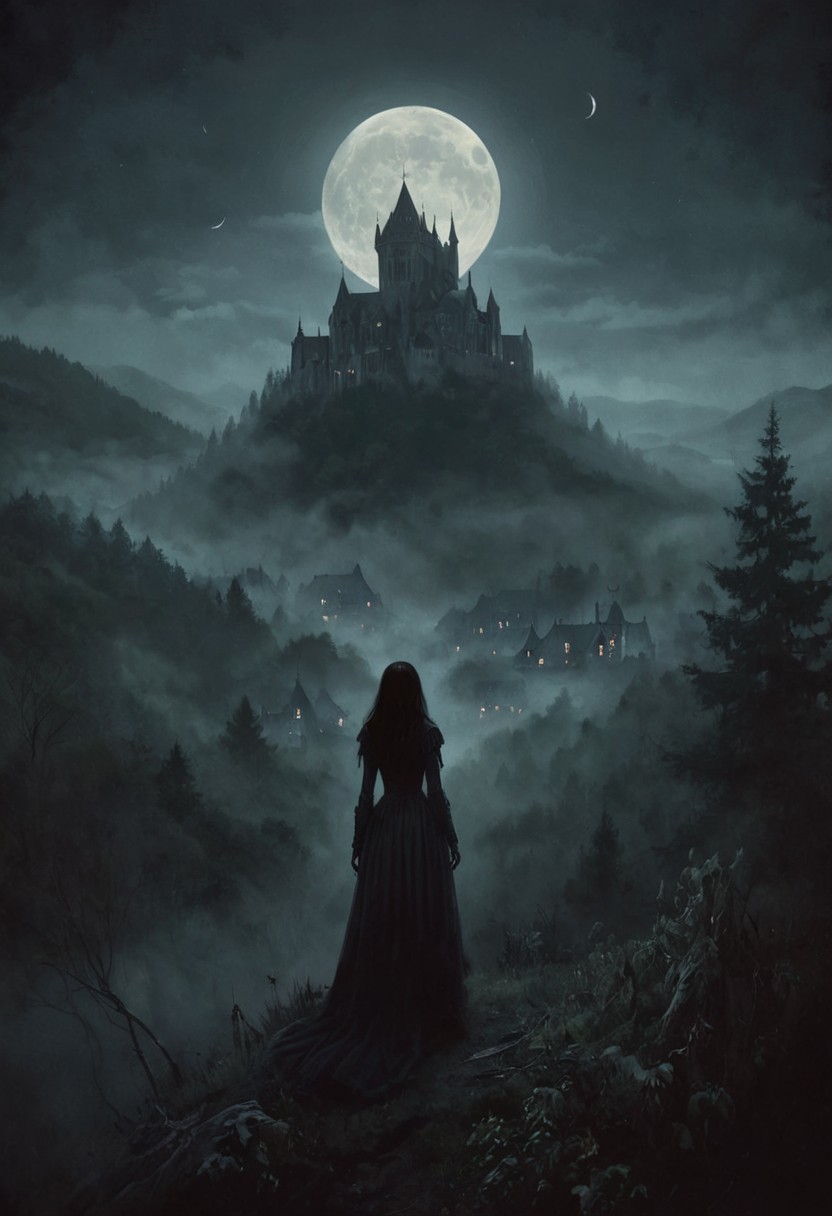 An vampire woman, forest, overlooking a Romanian village, mist, the moon shining, ominous, errie, illustration,