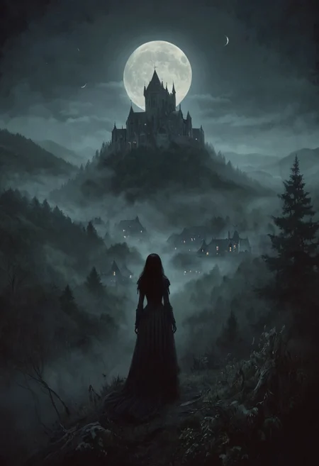 An vampire woman, forest, overlooking a Romanian village, mist, the moon shining, ominous, errie, illustration,