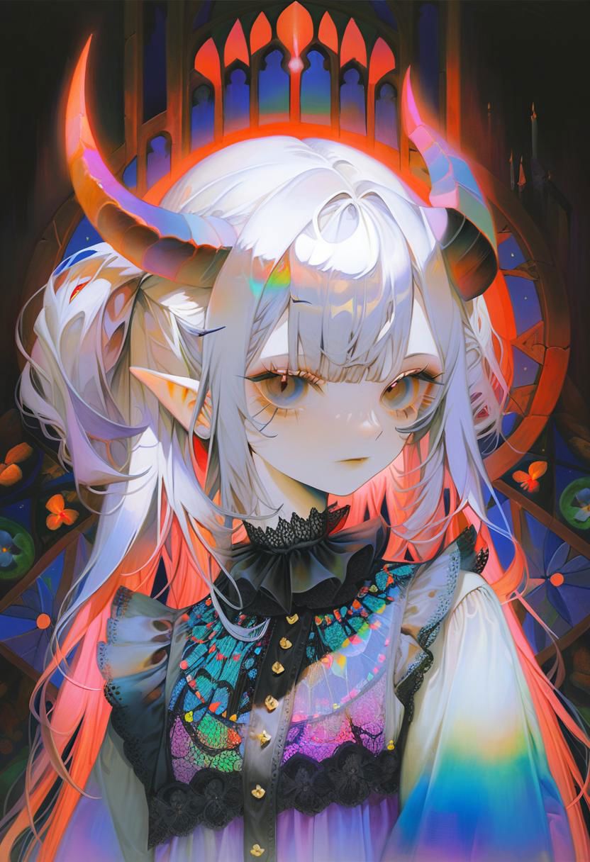 by yogisya  pale demon girl , prismatic coloring, holographic vibe, chromatic black lace blouse, gothic background, (long straight horns:1.2)