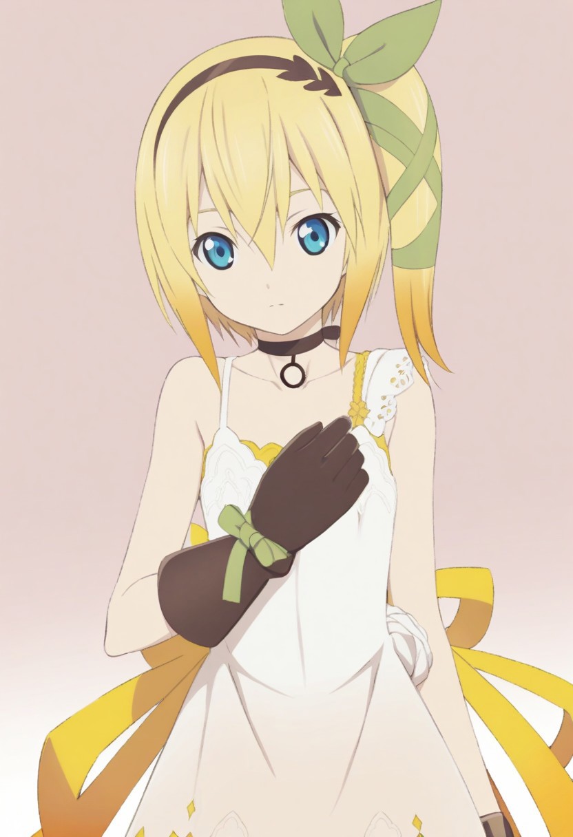 edna (tales), blonde hair, gradient hair, white dress, yellow ribbon, brown hairband, hair ribbon, green ribbon, blue eyes, single glove, brown glove, side ponytail, brown choker, flat chest, short hair, lace, 1girl, solo, standing,