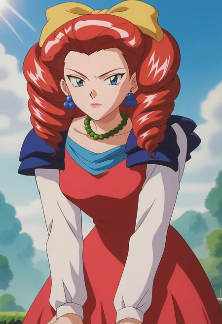 score_9, score_8_up, score_7_up, score_6_up, anime screencap, anime coloring, <lora:PMJessebelle_epoch_7:0.8>, PMJessebelle, blue eyes, red hair, drill hair, yellow bow, hair bow, earrings, lipstick, pink lips,
pearl necklace, red dress, shoulder pads,
leaning forward, serious, looking at viewer, facing viewer, hand on own knee, cowboy shot, 
BREAK day, sunlight, outdoors,