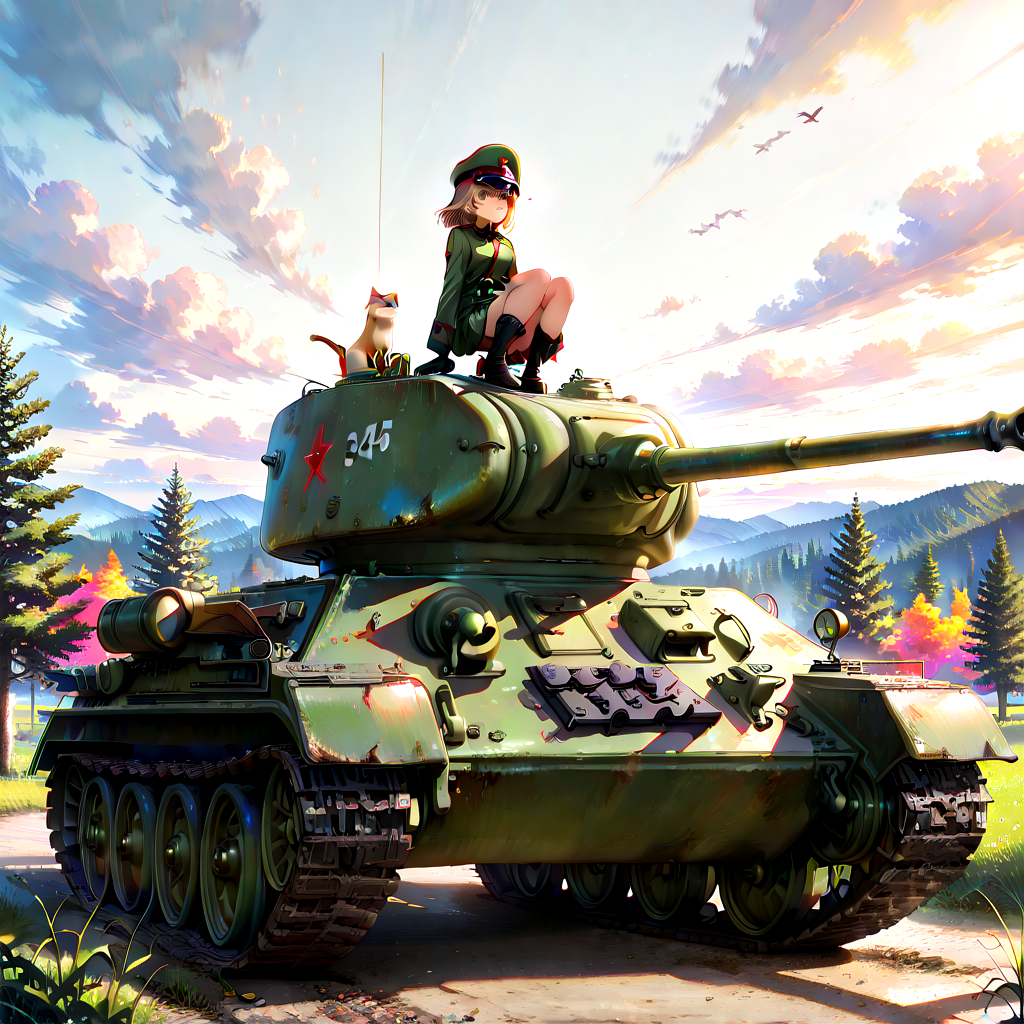 <lora:Ð¢-34-85_Vehicle_for_Illustrious:1>,t3485,tank,military vehicle,1girl,against tank,, colorful, masterpiece, best quality, amazing quality