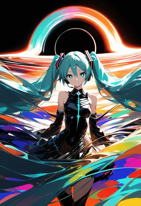 1girl, hatsune miku, white pupils, microphone, abstract, abstract background, masterpiece, looking at viewer, black hole, colorful, very long hair,