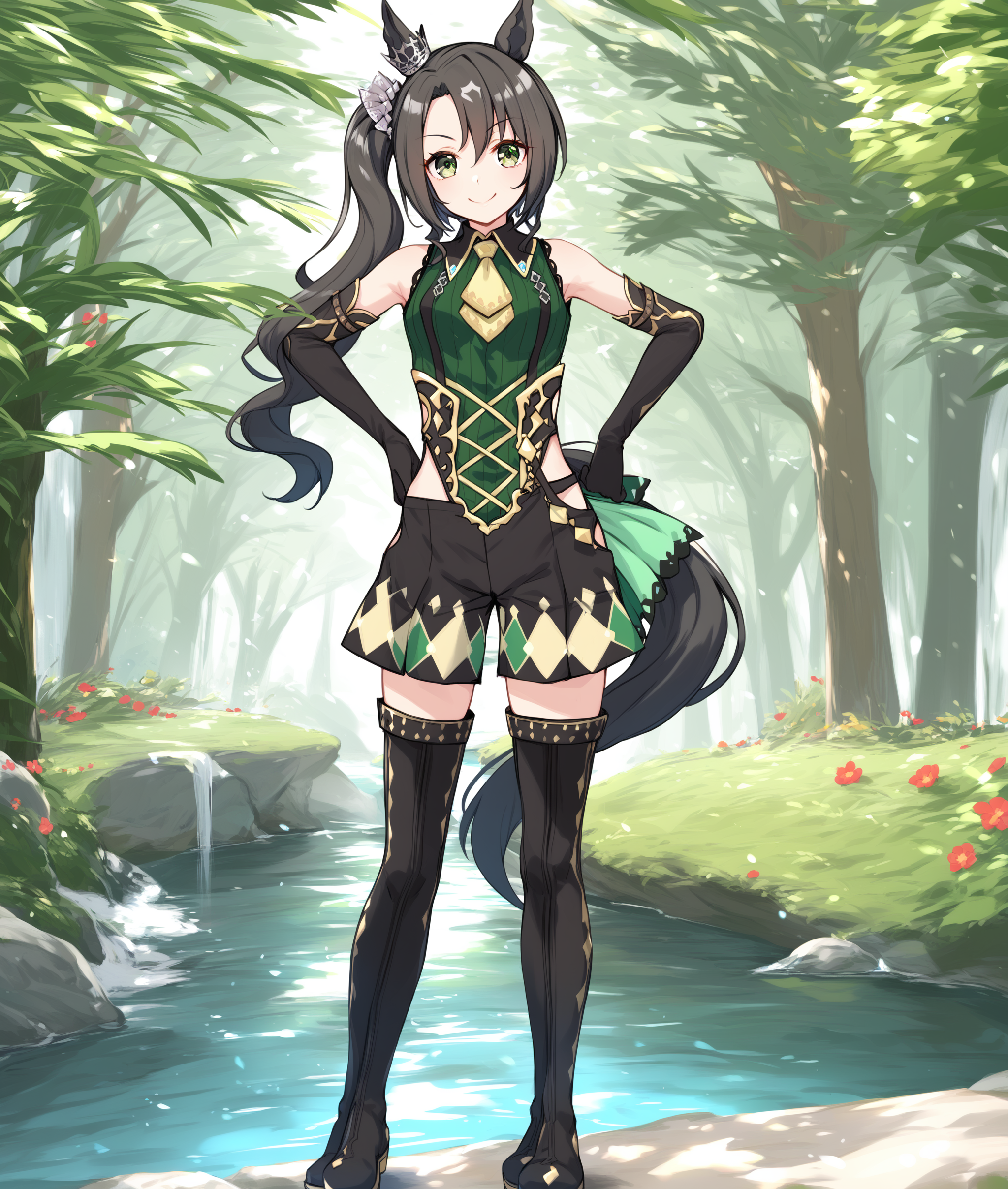 score_9, score_8_up, score_7_up BREAK
shobufuku, 1girl, solo, long hair, looking at viewer, smile, black hair, thighhighs, gloves, animal ears, green eyes, (standing, tail, full body), boots, shorts, sleeveless, black gloves, elbow gloves, (black footwear), side ponytail, thigh boots, black shorts, horse ears, horse girl, horse tail, hands on hips, 
five fingers, <lora:satono_crown-ponyXL-000004:1>,