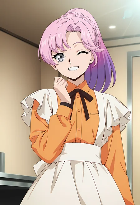 masterpiece,best quality,amazing quality,
1girl, solo,
Nao Inabe (Cardfight Vanguard), long hair, purple hair, pink hair, multicolored hair, grey eyes,
maid outfits, ponytail, braid, neck ribbon, orange shirt, long sleeves, shirt, white apron, dress, long sleeves,
cinematic, smile, teeth, ok, wink,
Indoors,
Lens flare, bloom,
Official style, anime screencap, anime coloring,
