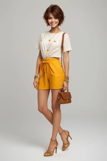 masterpiece,best quality,ultra_detailed, bellissima, 1girl , smile, haircut style pixie, bag, bracelet, brown hair, closed mouth, high heels, holding bag, jewelry, legs, realistic, shirt, short hair, simple background, socks, solo, westwood style solo
