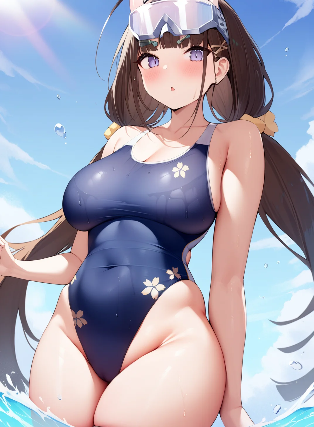 <lora:noshiro_XL_v1.0:1>,noshiro_\(azur lane\), long_hair,low twintails,goggles_on_head, one-piece_swimsuit, seaside,, masterpiece, best quality, very aesthetic, absurdres,