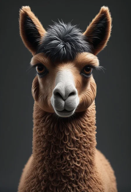 A cute alpaca made out of clay. capturing its expressive and somewhat melancholic demeanor. The alpaca's fur is very detailed, fluffy and strands of hair meticulously depicted, giving a sense of depth and volume. The fur is predominantly black and brown reminding of a lucky cat, creating a stark contrast against the white background. The alpaca's eyes are big, dark and soulful, gazing slightly off to the right. The overall tone of the image is somber, introspective and a bit sad. The artist's skillful use of shading and light gives the image a three-dimensional quality, making the alpaca's fur appear slightly rough, fluffy and the skin slightly wrinkled, very detailed, 4k, sharp, novuschroma51 style