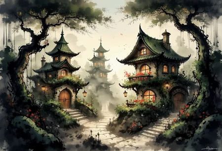 A whimsical fantasy village with fairy-tale architecture, nestled among towering, lush green trees with thick foliage. The village consists of intricately designed houses with pointed roofs, wooden balconies, arched windows, and ivy-covered walls. The houses have a magical, curved, and organic aesthetic, blending seamlessly with nature. A cobblestone pathway winds through the vibrant landscape, surrounded by blooming flowers, bushes, and glowing lanterns hanging from curved lampposts. The sunlight filters through the trees, casting a warm, golden glow on the scene, enhancing the dreamy, enchanting atmosphere. In the background, more charming houses with spires and turrets rise, giving depth and a sense of wonder to the village."