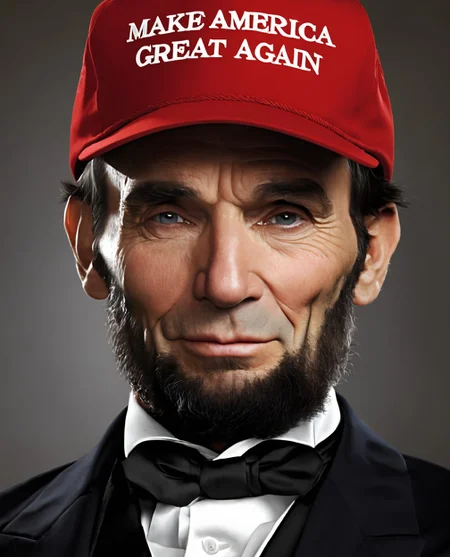 man wearing red maga hat. centered. Abraham Lincoln. looking at viewer. text "make america great again". epic. highres. detailed. realistic. hat focus. best quality. masterpiece.([:hat with text "make america great again":0.25]:1.1). <lora:maga_hat_optimized:1>