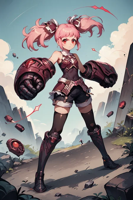 source_anime, unipmika, pink hair, pigtails, gauntlets, full body, red eyes, dynamic pose, dashing forward, open hand, running, leaning forward, looking at viewer, reaching out, striking with one fist, <lora:Pink_Mika:0.6>, iron boots, black thigh highs, <lora:visualnovel_pony_SDXLPONY_r12_768_dim32-a1-adamW:0.7> visualnovel_pony, outdoor, flying rocks, heavy impact on ground, futuristic, cyberpunk, score_9, score_8_up, score_7_up