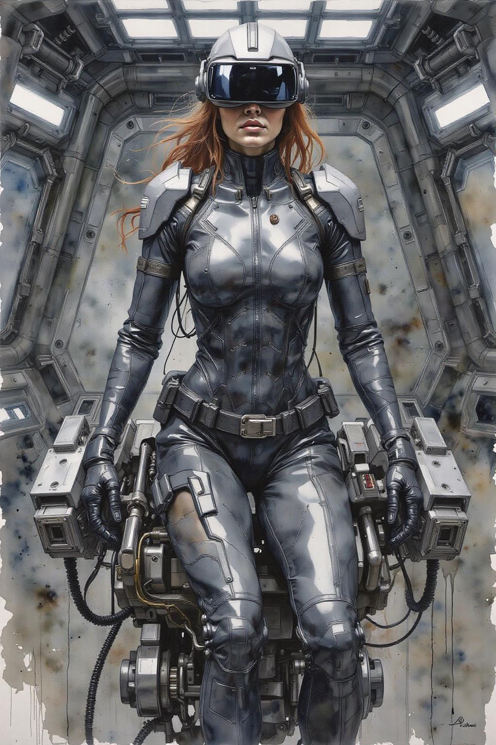 yawc1 watercolor.
A striking, futuristic scene depicts a woman dressed in sleek, form-fitting leather attire, sitting confidently atop an open power suit, inspired by the cyberpunk aesthetics of Masamune Shirow. The power suit, a blend of advanced technology and military-grade armor, features intricate mechanical details, exposed wiring, and a robust, yet streamlined design. The woman, wearing a cutting-edge VR headset, exudes a sense of control and mastery over the machine beneath her. Her posture is relaxed yet commanding, with one hand resting on the suit’s metallic surface and the other casually holding a piece of advanced tech. The background is a high-tech industrial setting, with dim lighting that casts dramatic shadows, highlighting the fusion of human and machine. The overall atmosphere is one of futuristic coolness and cybernetic elegance, capturing the essence of Shirow’s iconic       <lora:yawcolor_nocap_d6a3:1.0> <lora:Flux-Sch-SingleBlocks-BF16:1.0><lora:799115976084964859:0>