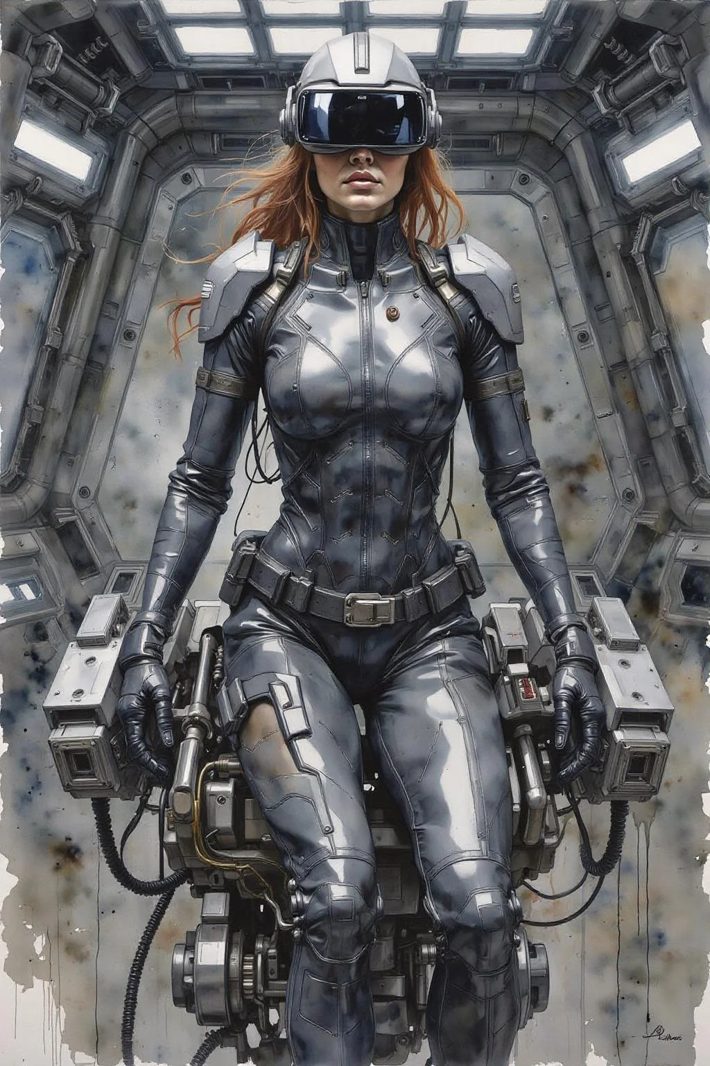 yawc1 watercolor.
A striking, futuristic scene depicts a woman dressed in sleek, form-fitting leather attire, sitting confidently atop an open power suit, inspired by the cyberpunk aesthetics of Masamune Shirow. The power suit, a blend of advanced technology and military-grade armor, features intricate mechanical details, exposed wiring, and a robust, yet streamlined design. The woman, wearing a cutting-edge VR headset, exudes a sense of control and mastery over the machine beneath her. Her posture is relaxed yet commanding, with one hand resting on the suit’s metallic surface and the other casually holding a piece of advanced tech. The background is a high-tech industrial setting, with dim lighting that casts dramatic shadows, highlighting the fusion of human and machine. The overall atmosphere is one of futuristic coolness and cybernetic elegance, capturing the essence of Shirow’s iconic <lora:yawcolor_nocap_d6a3:1.0> <lora:Flux-Sch-SingleBlocks-BF16:1.0><lora:799115976084964859:0>