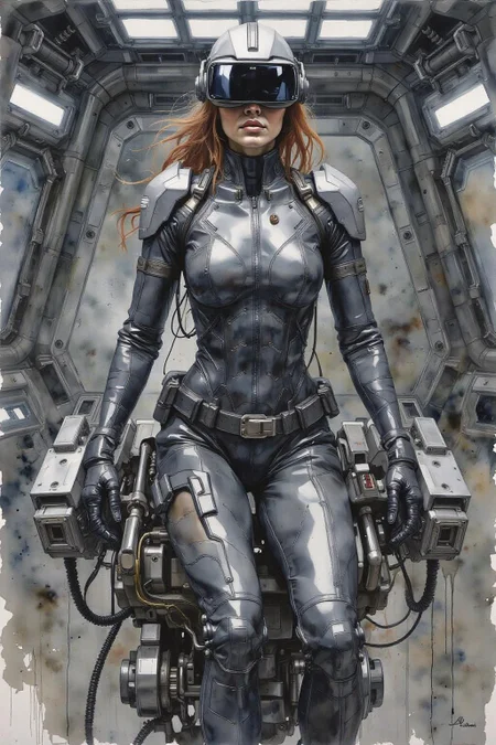 yawc1 watercolor.
A striking, futuristic scene depicts a woman dressed in sleek, form-fitting leather attire, sitting confidently atop an open power suit, inspired by the cyberpunk aesthetics of Masamune Shirow. The power suit, a blend of advanced technology and military-grade armor, features intricate mechanical details, exposed wiring, and a robust, yet streamlined design. The woman, wearing a cutting-edge VR headset, exudes a sense of control and mastery over the machine beneath her. Her posture is relaxed yet commanding, with one hand resting on the suit’s metallic surface and the other casually holding a piece of advanced tech. The background is a high-tech industrial setting, with dim lighting that casts dramatic shadows, highlighting the fusion of human and machine. The overall atmosphere is one of futuristic coolness and cybernetic elegance, capturing the essence of Shirow’s iconic <lora:yawcolor_nocap_d6a3:1.0> <lora:Flux-Sch-SingleBlocks-BF16:1.0><lora:799115976084964859:0>
