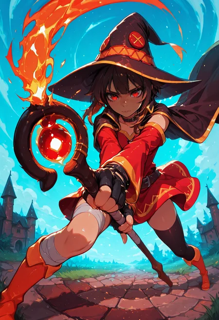 score_9, score_8_up, score_7_up, masterpiece, best quality, very aesthetic, detailed face, (dynamic:1.2), stylized, illustration, dynamic pose, <lora:AEMeguminIlx:0.85> AEMegumindef, red eyes, Brown hair, Belt choker, red dress, off-shoulder dress, Black gloves, fingerless gloves, Belt, mismatched legwear, magic staff, staff, (holding staff:1.3), asymmetrical legwear, bandaged leg, black thighhighs, knee boots, hat, eyepatch, Black cape, , AEMeguminPaj, red eyes, Brown hair, <lora:ck-shadow-circuit-IL:0.5> in the style of cksc <lora:incoth:0.5> incoth, (incase:0.5) <lora:TrendCraft_The_Peoples_Style_Detailer-v2.3I-4_16_2025-Illustrious:0.3> <lora:Smooth_Booster_v3:0.2>, <lora:perspective:0.75> perspective <lora:WeaponSpellBindIL:0.7>, <lora:detailed pony style v1:1>