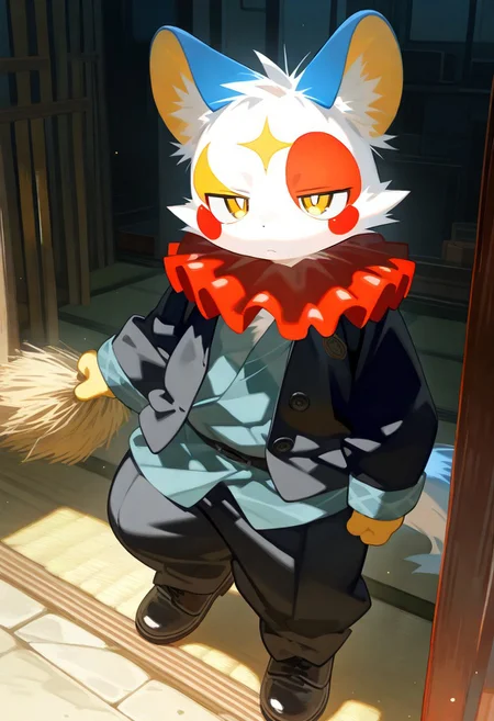 (zuppu11), xi410_type1, xi410_type2, xi410_type3, 748cm, alens, nyalia, kyomu, shiroski, brittle, youlichu, 1boy, solo, furry, cute, kemono, masterpiece, best quality, very awa, very aesthetic, absurdres, full body, questionable, clown
