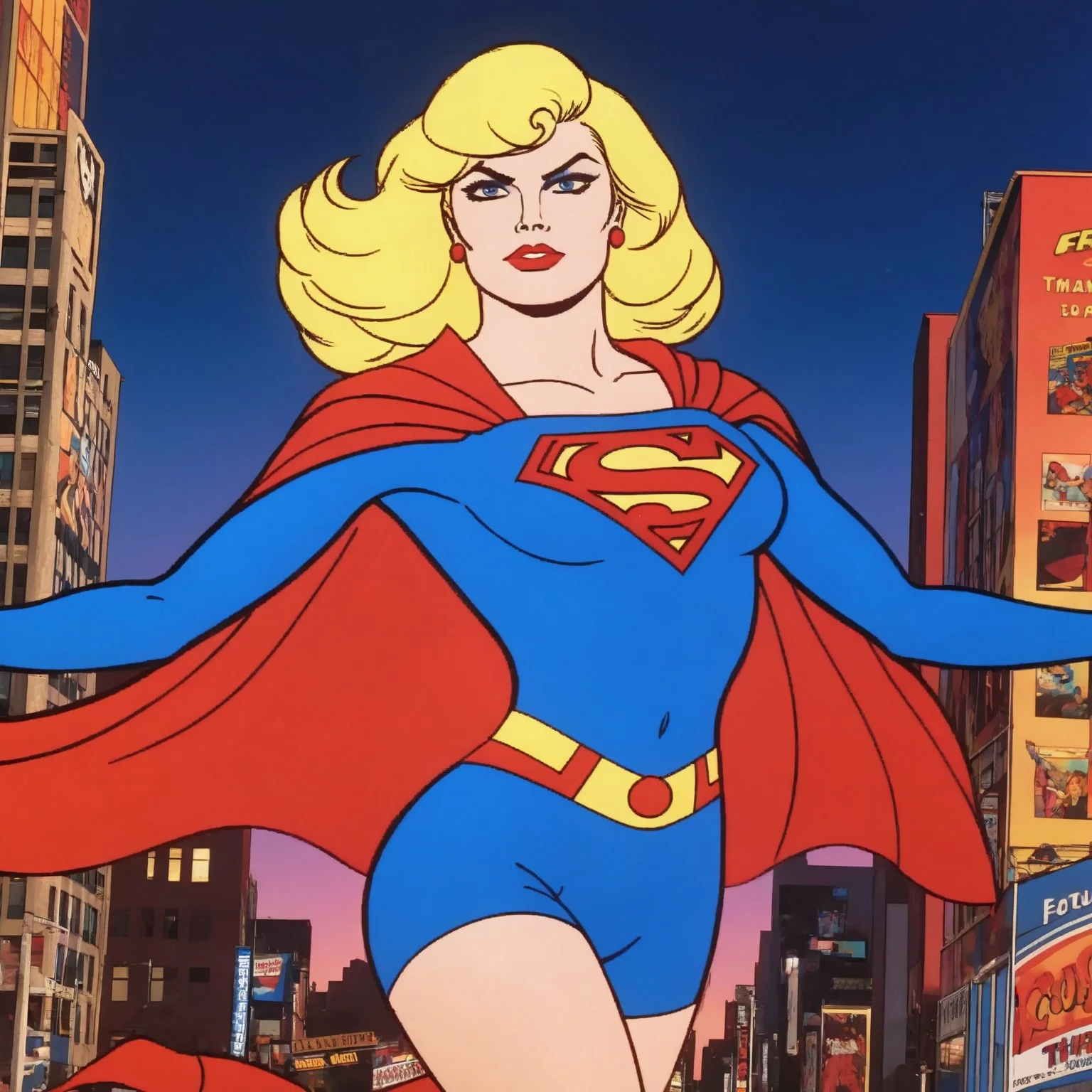 A striking blonde superheroine stands tall, radiating confidence and power, straight out of a 1970s comic book cover. Her golden hair cascades in voluminous, feathered waves, reminiscent of Farrah Fawcett’s iconic style, catching the wind as she stands against a vibrant sunset sky. She wears a bold, form-fitting costume in shimmering metallic gold and deep royal blue, with a plunging V-neckline, high-waisted shorts, and knee-high, platform-heeled boots that add to her imposing presence. A flowing red cape billows behind her, lined with a golden trim that catches the light. A star-shaped golden emblem gleams on her chest, and a matching golden belt cinches her waist, emphasizing her powerful yet feminine physique.
Her bright blue eyes sparkle with determination beneath a sleek, classic domino mask, adding an air of mystery. Her gloves are long and flared at the ends, with stylized ridges that enhance her dynamic silhouette. She stands heroically, one fist raised to the sky, the other resting on her hip, exuding classic comic book energy.
The background is an electrifying blend of vintage comic book aesthetics—a neon-lit 1970s cityscape with retro billboards, muscle cars zooming down the streets, and a hazy, grainy glow that gives the image a timeless quality. The colors are bold and saturated, with a slightly halftone texture, making it feel like the cover of a classic superhero issue.