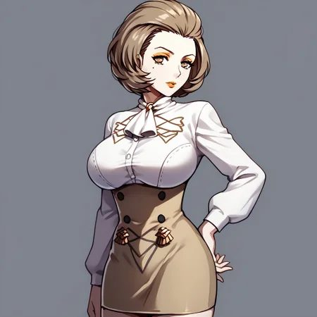 1girl, breasts, brown_skirt, cowboy_shot, garreg_mach_monastery_uniform, high-waist_skirt, long_sleeves, looking at viewer, neckerchief, official_alternate_costume, pencil_skirt, shirt, shirt_tucked_in, simple_background, skirt, solo_focus, standing,white_neckerchief, white_shirt,
BREAK 1girl, <lora:manuela-pdxl-nvwls-v1:1>,defManuela, short hair, mole under eye, eyeshadow, lipstick, large breasts,