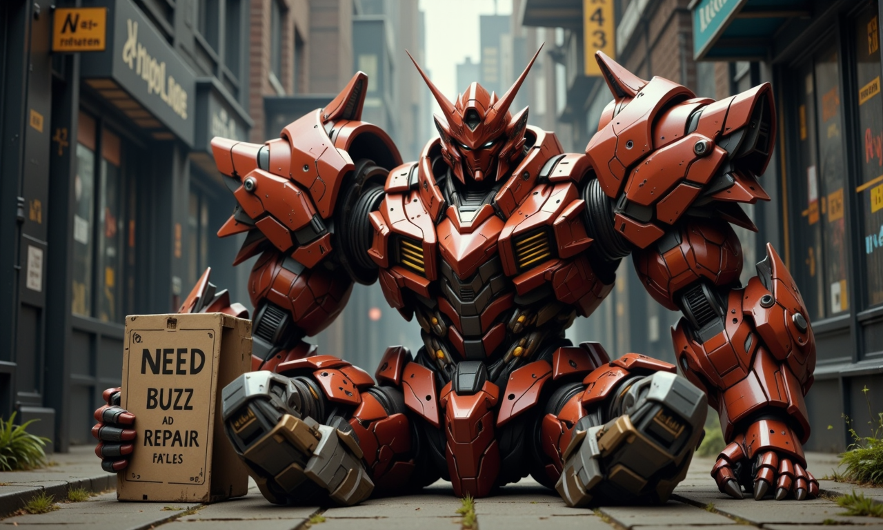 a rusty mech the size of average human sitting on a city sidewalk, ((the mech holding a sign that said need buzz for repair)), the mech heavily damaged and missing one of its arm, the mech paint is weathered . full-body shot .fluxmecha, aidmaHyperrealism, mythp0rt
