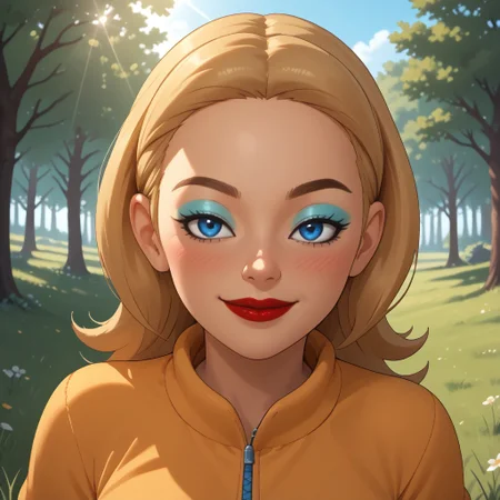 score_9, score_8, BREAK, solo, wii, mii, wii sports, 1girl, female mii, cute, attractive, blonde hair, blue eyes, brown eyebrows, makeup, blush, blue eyeshadow, red lips, lipstick, cyan clothing, white pants, shoes, breasts, nintendo mii, modern_mii, classic_mii, Aviva_(OC_Mii), sexy pose, self portrait, smile, outdoors, sunlight, shadows, evening lighting, natural lighting, forest, trees, grass, orange sky, sunset