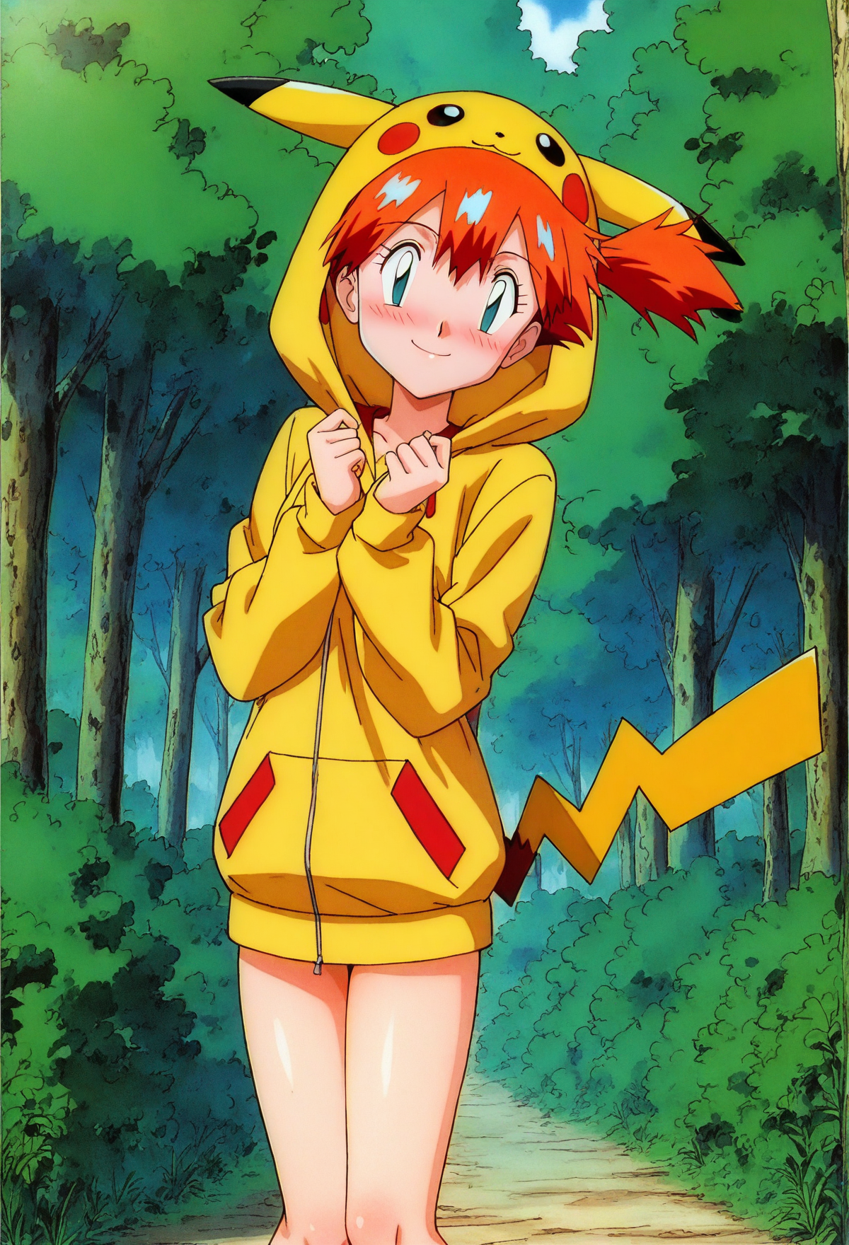 masterpiece, best quality,
anime screenshot, 1girl, solo, misty, side ponytail, pikachu \(cosplay\), hoodie, hood up, blush, smile, tail, forest, tree
<lora:mistynai-merge10:1>, newest, absurdres, highres