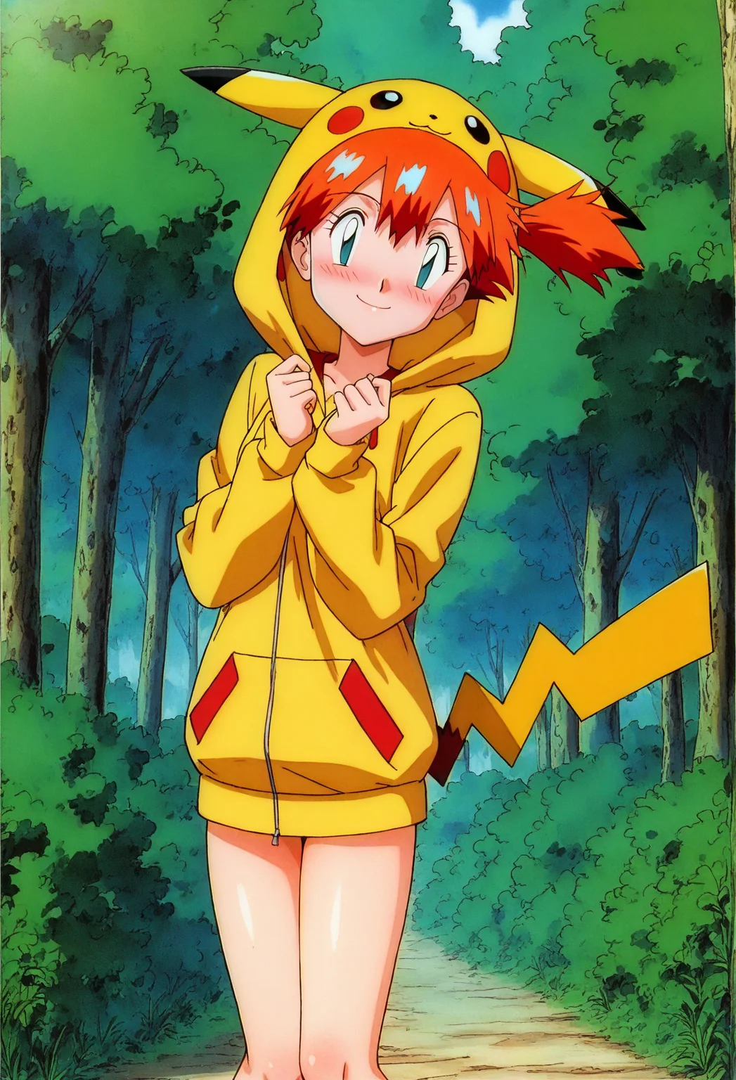 masterpiece, best quality,
anime screenshot, 1girl, solo, misty, side ponytail, pikachu \(cosplay\), hoodie, hood up, blush, smile, tail, forest, tree
<lora:mistynai-merge10:1>, newest, absurdres, highres