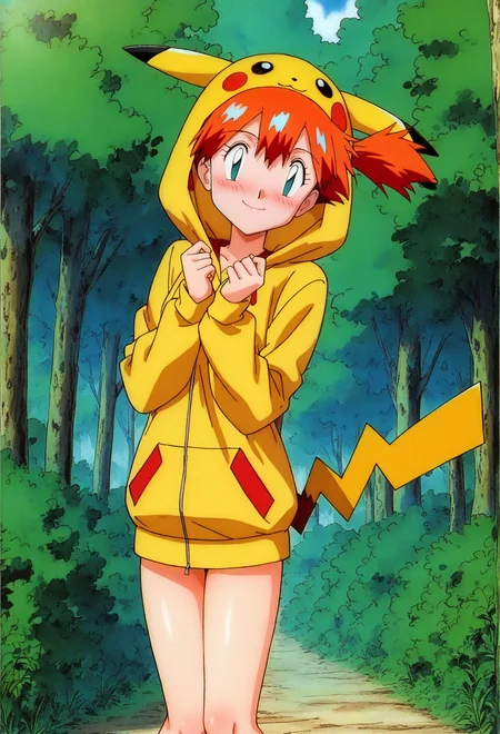 masterpiece, best quality,
anime screenshot, 1girl, solo, misty, side ponytail, pikachu \(cosplay\), hoodie, hood up, blush, smile, tail, forest, tree
<lora:mistynai-merge10:1>, newest, absurdres, highres