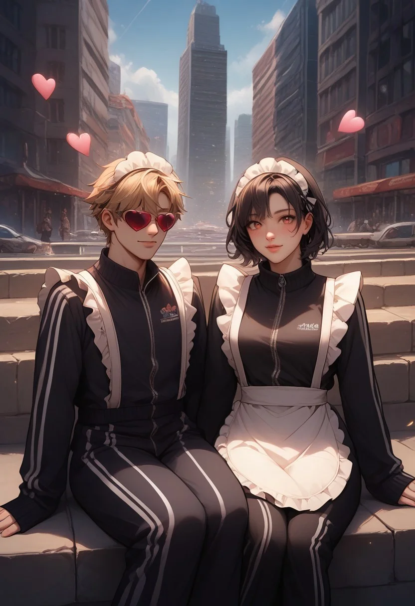 score_9, score_8_up, score_7_up,
masterpiece, best quality, detailed, amazing quality,
detailed background, city, siting on pavement,
detailed face, detailed eyes,
dynamic pose, sitting,
1women, 1man, multiple people, happy, looking at each other,
easynegative,
ja-jimeido, frill, tracksuit, heart, maid headress, apron, black clothes, sleeves past wrists,