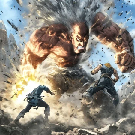 man fighting giant, guns, power attack, finishing move, action shot
