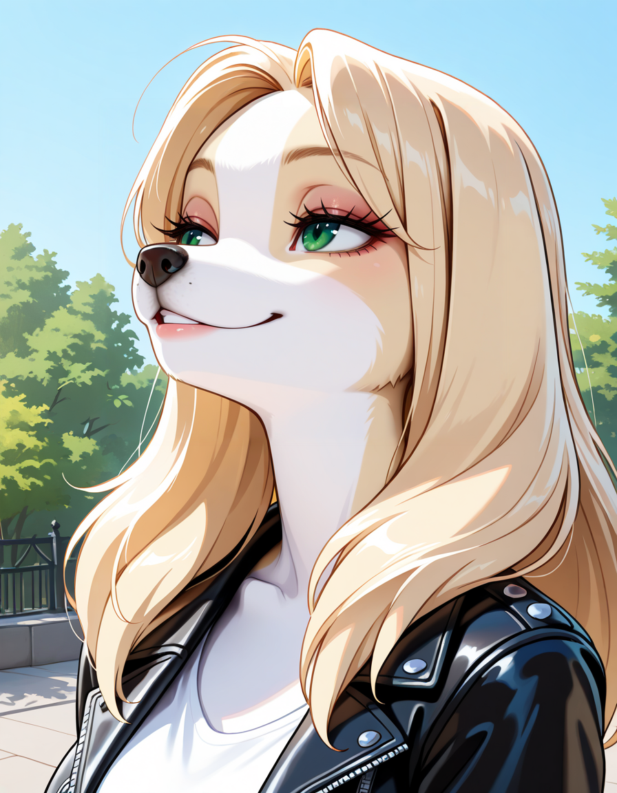 masterpiece, best quality, very aesthetic, absurdres,
outdoors,
shirt, leather jacket, 
upper body,  seductive smile, parted lips, long eyelashes,
<lora:Kelsey_v01_NAIXL:1>
Ke1s3y,1girl,solo,furry,furry female, dog girl, long hair, blonde hair, dog ears, green eyes, snout, animal nose, body fur, two-tone fur, yellow fur, white fur,