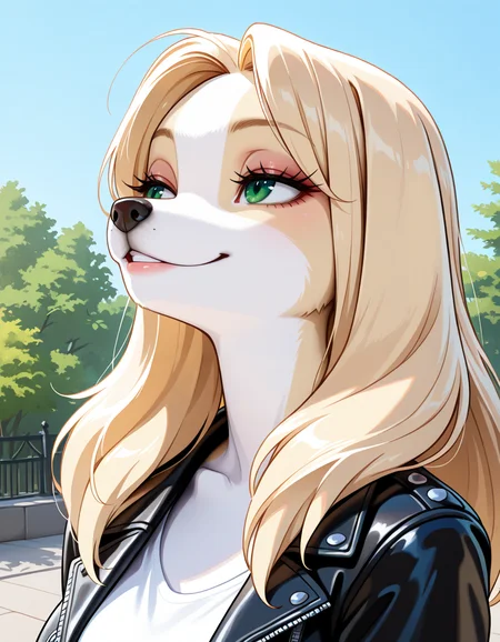 masterpiece, best quality, very aesthetic, absurdres,
outdoors,
shirt, leather jacket, 
upper body,  seductive smile, parted lips, long eyelashes,
<lora:Kelsey_v01_NAIXL:1>
Ke1s3y,1girl,solo,furry,furry female, dog girl, long hair, blonde hair, dog ears, green eyes, snout, animal nose, body fur, two-tone fur, yellow fur, white fur,