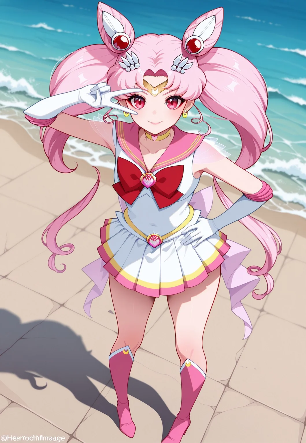 masterpiece,extremely detailed,best quality,amazing quality,newest,absurdres,highres, super detailed skin,1 girl, solo,sailorchibimoonagedup, long hair, cone hair bun, sailor senshi uniform, pink very_long_twintails, gloves, pink sailor collar, heartchoker, sailor collar, white elbow gloves, bow, pleated skirt, back bow, earrings,smile, pigeon-toed, v_over_eye ,One hand on hip and the other making a V_over_eye,, from above, outdoors
