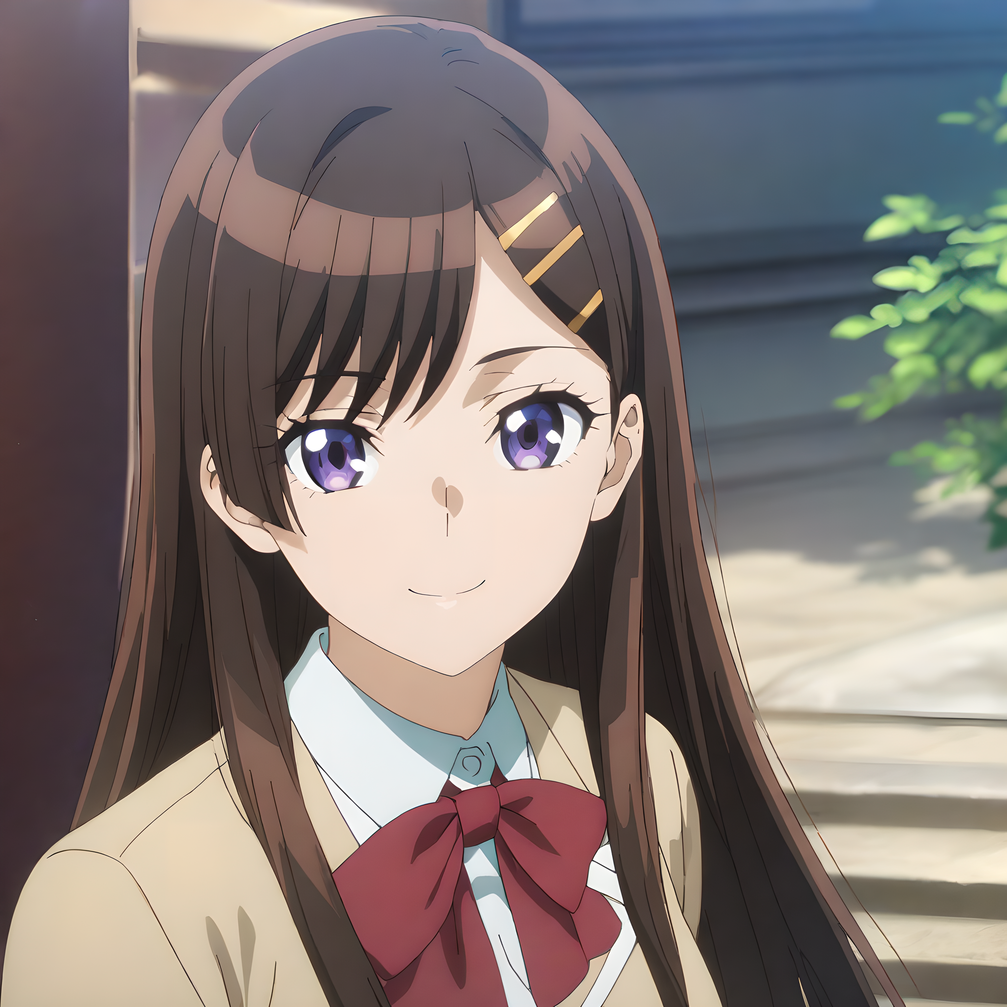 (masterpiece),(best quality),(ultra-detailed),(best illustration),(best shadow),(absurdres),(detailed background),(very aesthetic), otonashi_hibiki, 1girl, solo, brown hair, hair ornament, long hair, smile, hairclip, school uniform, looking at viewer, purple eyes, bow, anime coloring, red bow, bowtie, closed mouth <lora:XL-OtonashiHibiki:1>