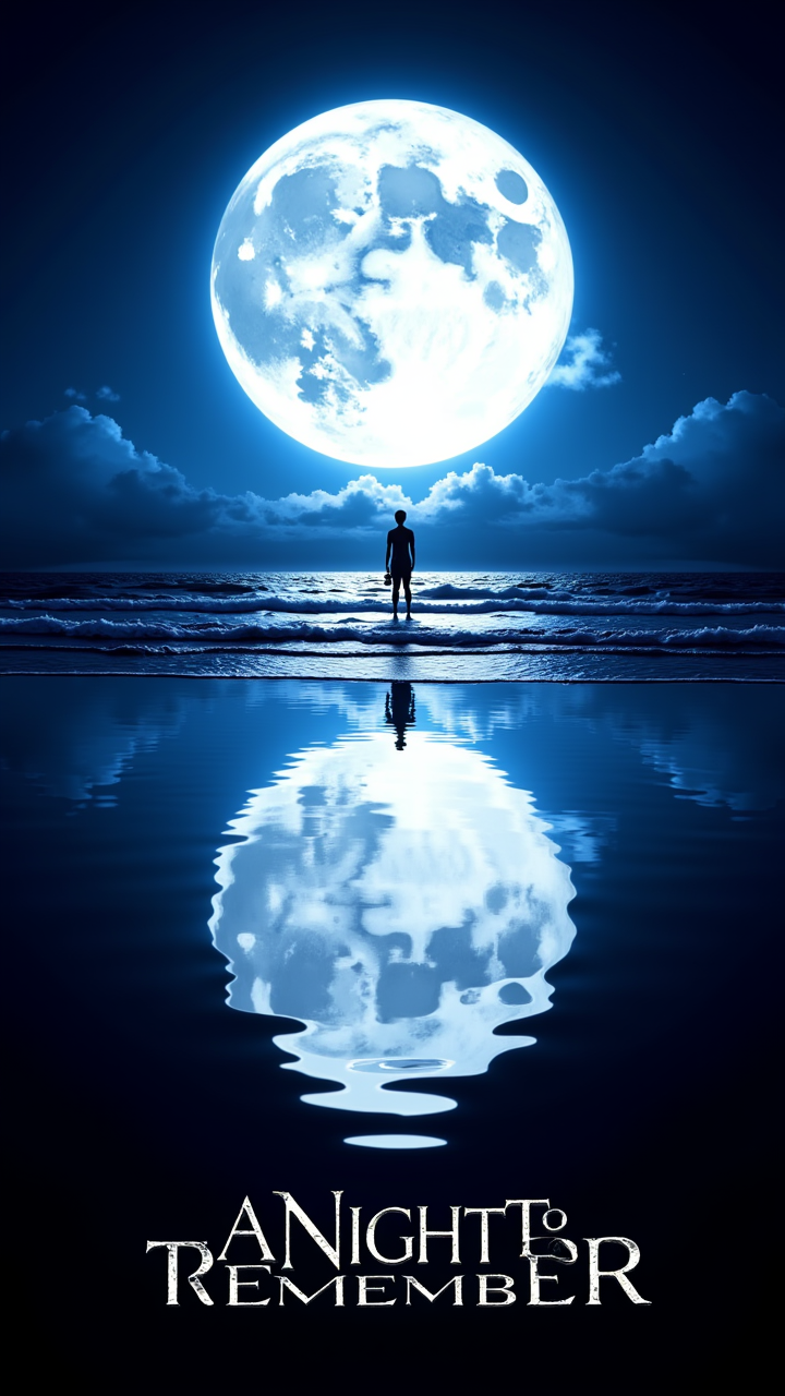 A surreal movie poster with a giant moon rising over the ocean, the text âA Night to Rememberâ written in the reflection on the water.    ,aidmatextimprover
