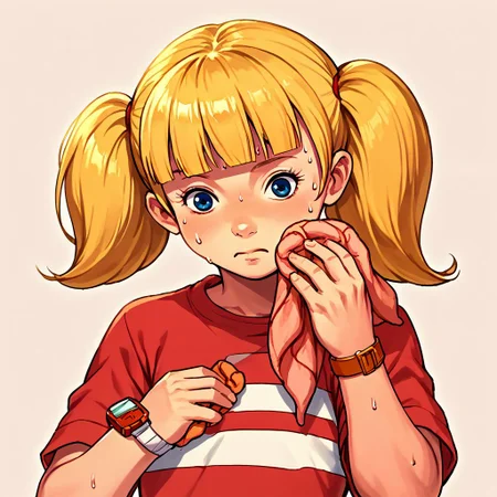 score_9, score_8_up, score_7_up, source_anime, fe9portraits, solo, cowboy shot, simple background, 1girl, female focus, 1girl, penny \(inspector gadget\), solo,blonde hair, twintails, blunt bangs, blue eyes, red shirt, striped shirt, stripe, white stripe, wristwatch, flat chest, upper body, SweatingTowelGuy, sweat, towel, wiping sweat