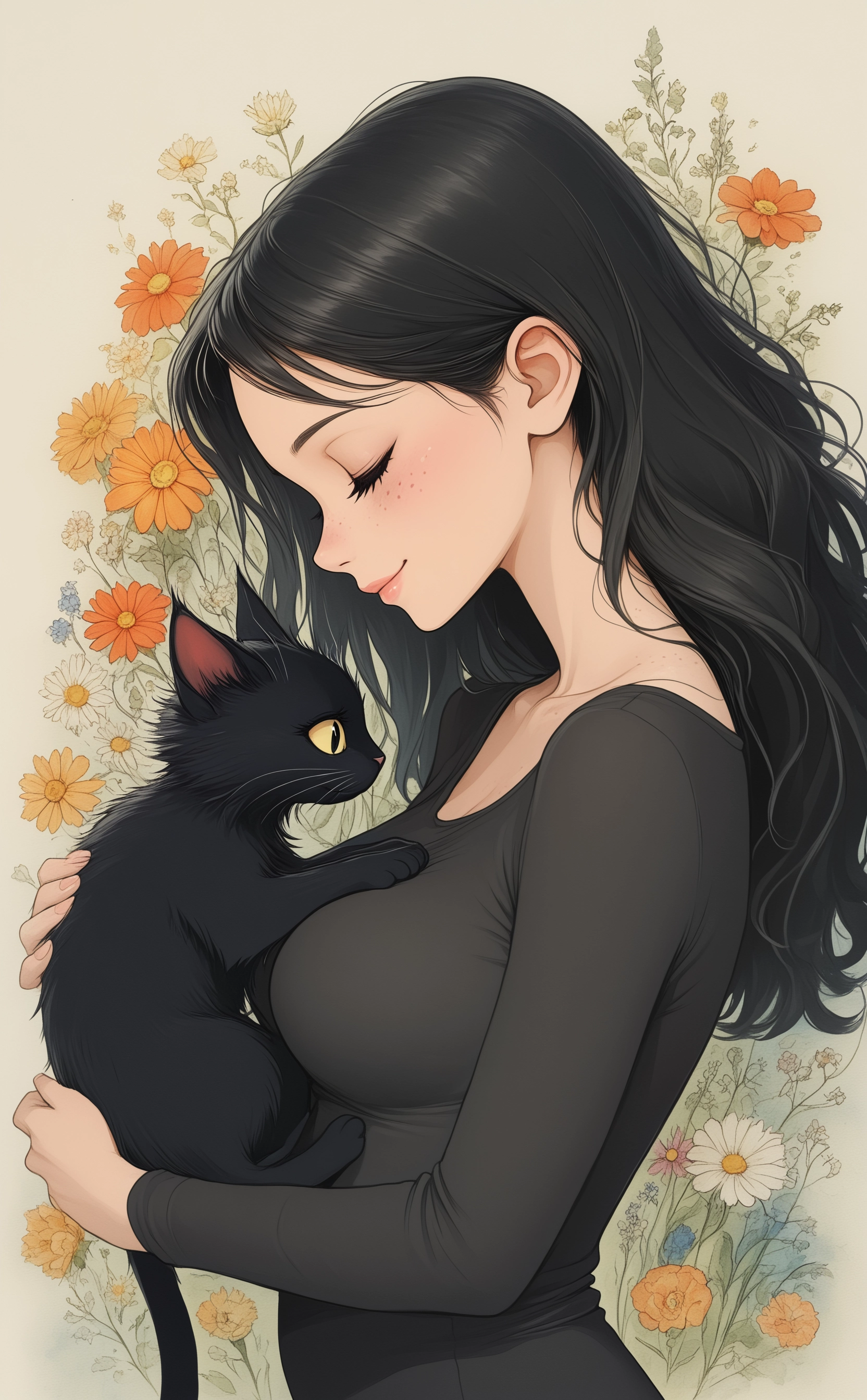 masterpiece, best quality, amazing quality, 1girl, solo, long hair, smile, black hair, long sleeves, holding, upper body, closed eyes, flower, black shirt, eyelashes, lips, animal, cat, freckles, holding animal, black cat, yellow sclera, orange flower, holding cat,medium breasts, ArsMJStyle, Delicate Whimsy，
Studio Ghibli Dark Fairytale,
colorful <lora:noobai_ep11_stabilizer_v0.138_fp16:0.3> <lora:NOOB_vp1_detailer_by_volnovik_v1:0.3> <lora:Dark_Ghibli:0.8> <lora:DelicateWhimsyIllustrious:1>