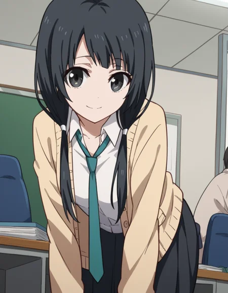 score_9, score_8_up, score_7_up, source_anime, emayasuhara, <lora:ema-yasuhara-s1-ponyxl-lora-nochekaiser:1>, ema yasuhara, long hair, black hair, twintails, black eyes, low twintails,, skirt, school uniform, necktie, cardigan, shirt, grey shirt, black skirt, yellow cardigan,, indoors, office, bent over, smile, looking at viewer, solo, cowboy shot, dutch angle