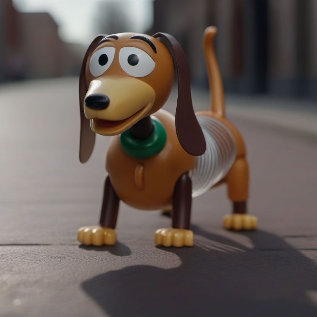 cinematic photo a sideview of a toy dog with a spring body  walking a in street<lora:SlinkyDog1024:0.8> . 35mm photograph, film, bokeh, professional, 4k, highly detailed