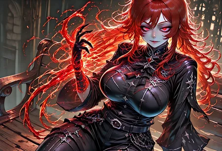 very aesthetic, masterpiece, best quality, highres, absurdres, amazing quality, high resolution, 1girl, solo, medieval background, detailed eyes, perfect eyes, expressive eyes, Expressiveh, vivid colors, realistic lighting, perfect anatomy
Red Eyes, long hair, red hair, pale skin, voluptuous, cellulite, chubby, large breasts, ((uneven eyes)), freckles, lots of freckles, crazy eyes
black gloves, sharp fingers, black shirt, button up shirt, button down shirt, black ascot, black frills, buttons, wide sleeve cuffs, black belt, black cuffs, gambeson, black leggings
sitting on a bench,<lora:ya_arcane_elements:1>, yazloba, lightningform,lighting transformation