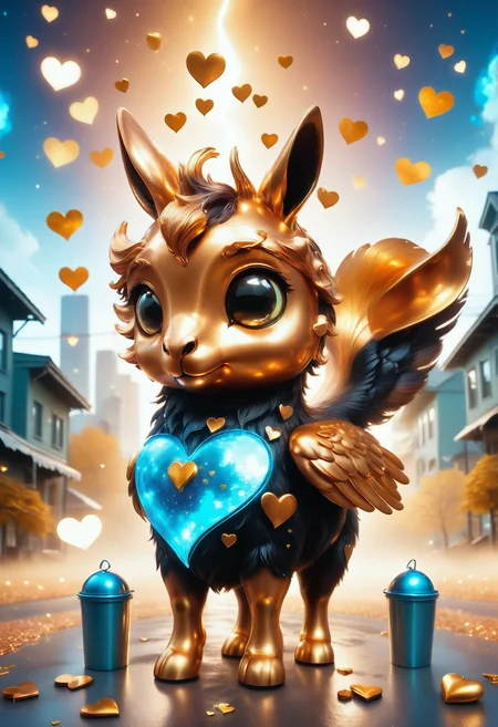 a cute zhibi domestic animal <lora:zhibi:0.8> made out of Jed-ANC <lora:ArtNouveauCopperStyle:0.9>, cuteness overload, surrounded by stardust and floating hearts <lora:heartmiststyle:0.5> in a starLS fantasy landscape <lora:stardustlandscapes-000006:0.7>, landscape of a vil, lomography color 100, digital art, deep rich colors, romantic, stunning, dynamic dramatic composition